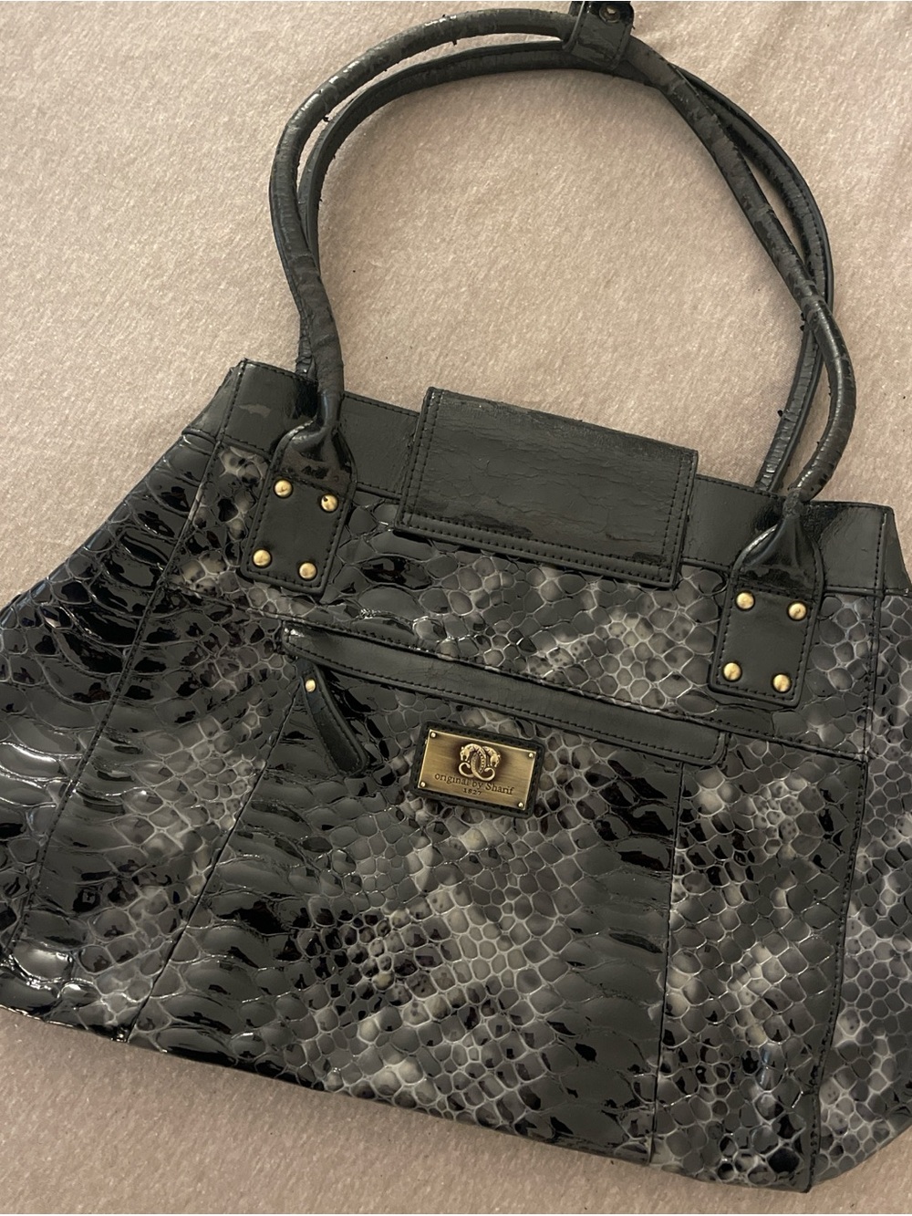 Black Embossed Patent Tote with Decorative Gem Accent - Picture 5 of 10